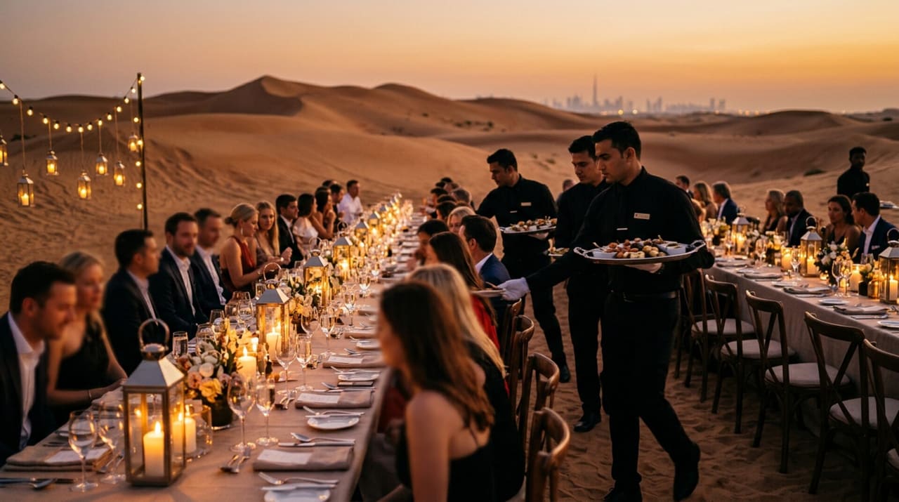 Evening catering service at a long table set in the desert