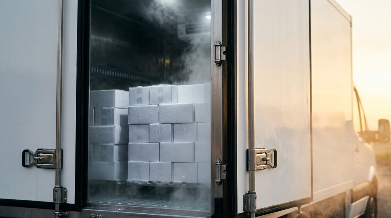 Refrigerated cargo doors opening in cold mist