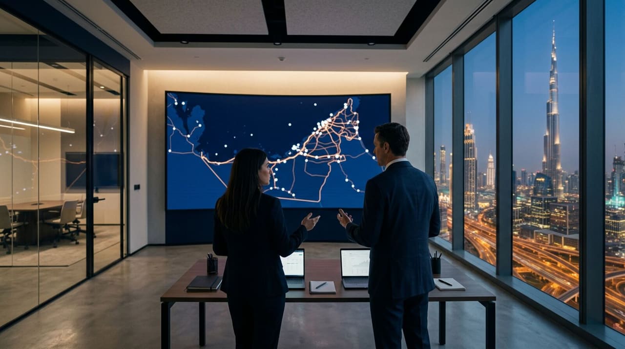 Operations room with a live map of the UAE and the Dubai skyline