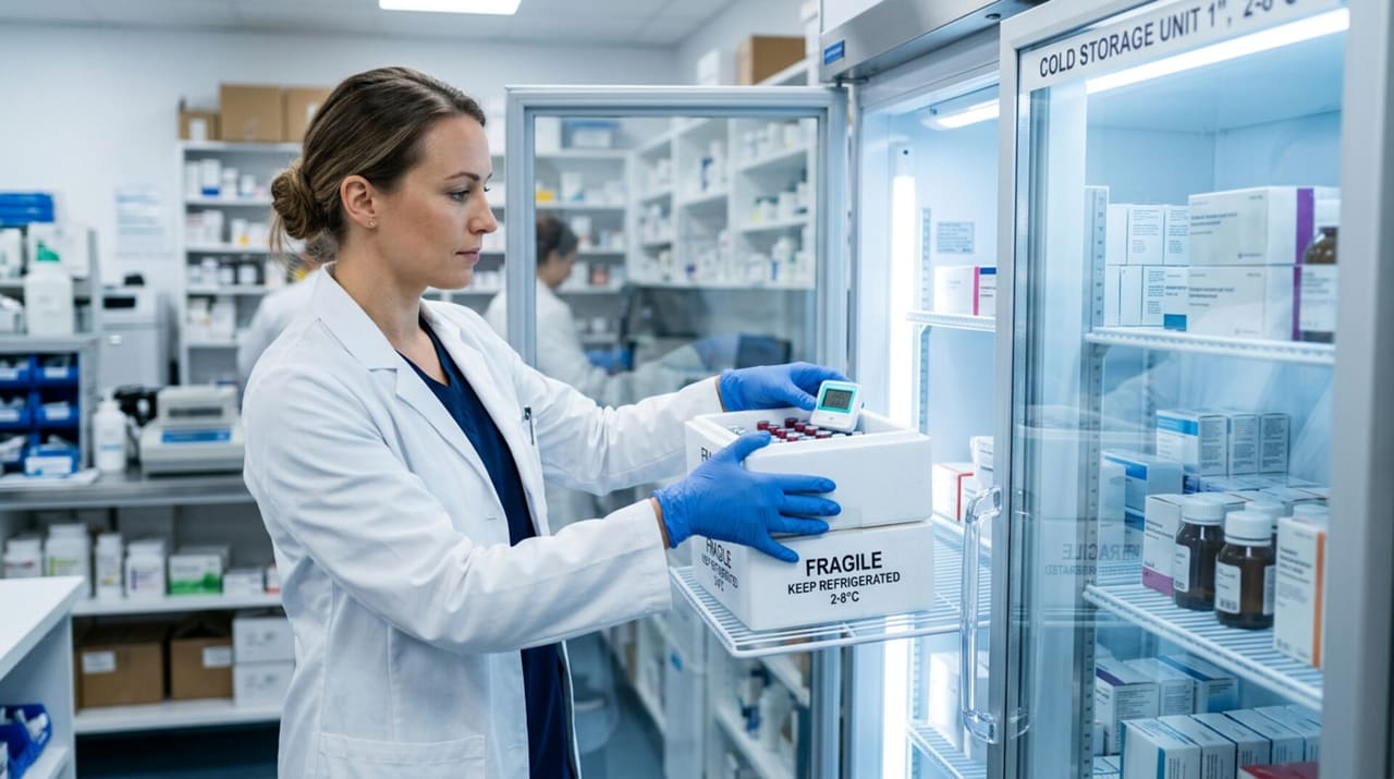 Pharmacist placing medicines into temperature-controlled storage