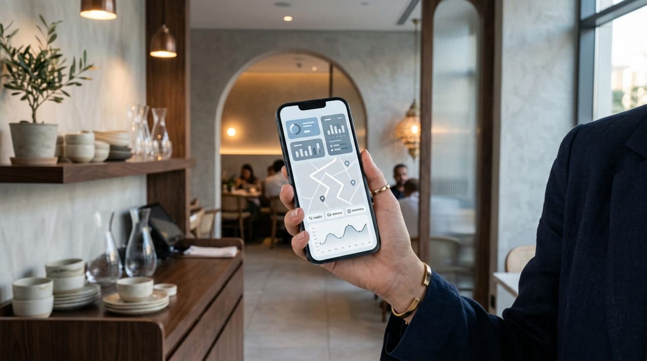 Restaurant owner checking a delivery dashboard on a phone