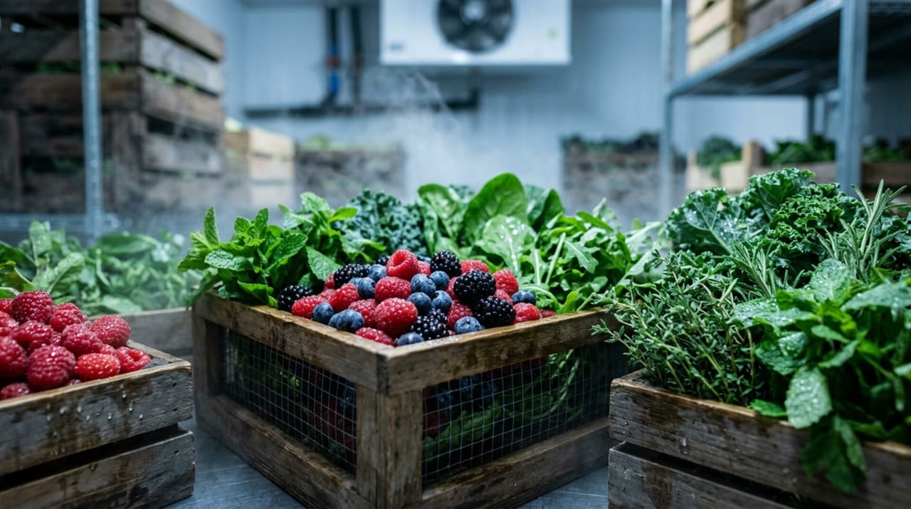 Crates of fresh berries and leafy greens in a cool room